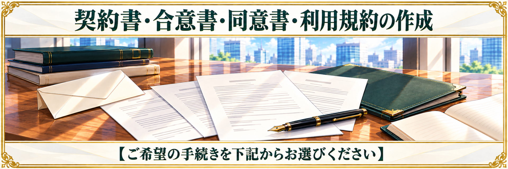 Y's行政書士事務所の契約書・合意書・同意書・利用規約作成サービスのご案内。契約書類やペンを並べたデスクのイラスト。