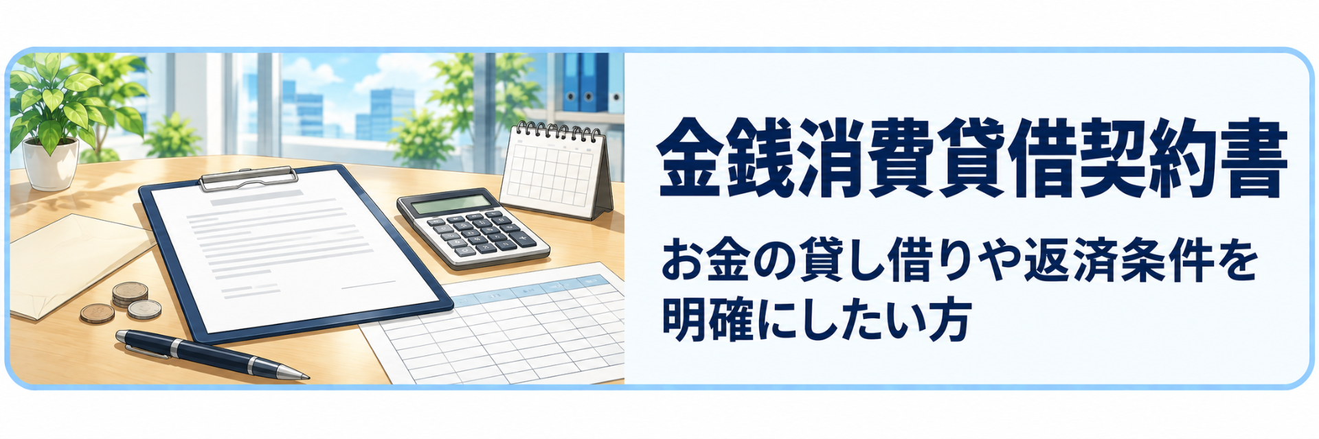 金銭消費貸借契約書の作成案内。個人間や事業者間のお金の貸し借りについて、貸付金額や返済期限、利息などの条件を明確にします。