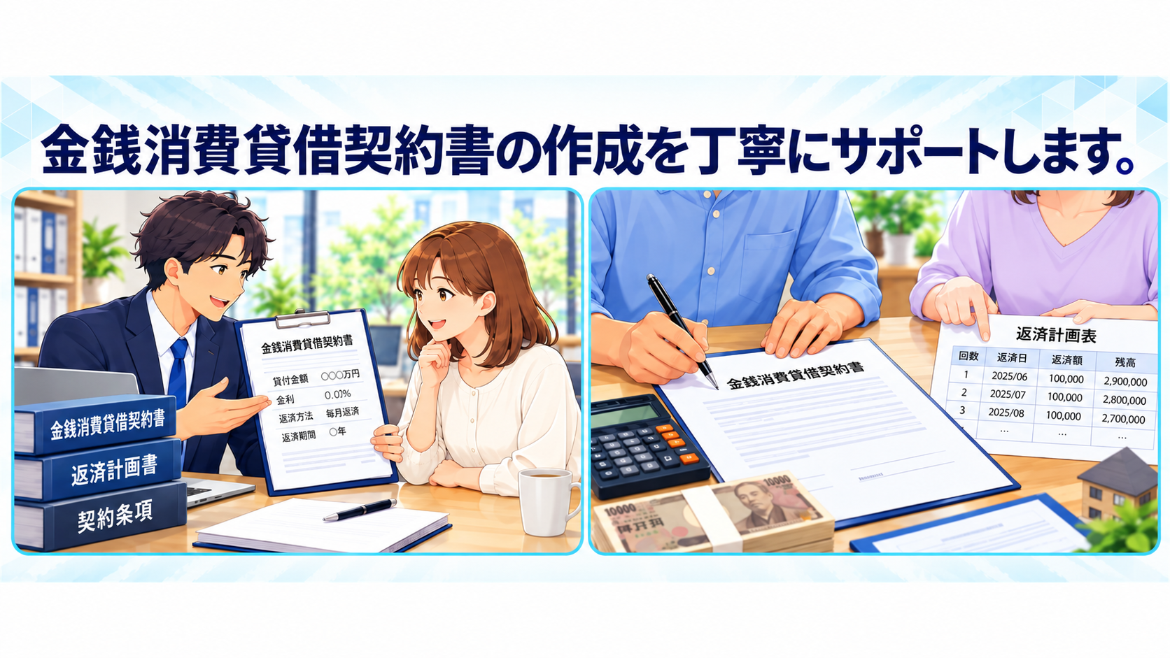金銭消費貸借契約書の作成サポート。貸付金額・返済方法・利息などの契約条件を明確にします。