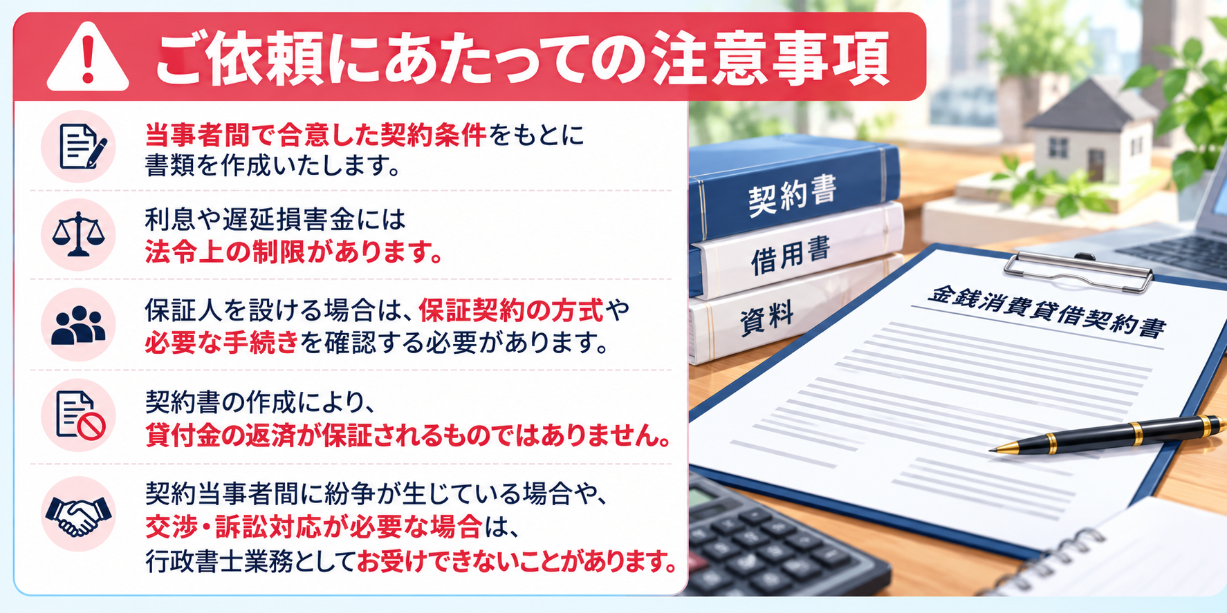 金銭消費貸借契約書作成の注意事項。利息の法定上限、保証契約、返済保証の有無、紛争案件への対応範囲を案内。