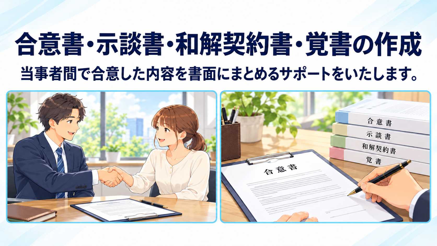 合意書・示談書・和解契約書・覚書の作成案内。当事者間で合意した内容を書面にまとめるサービスを紹介。