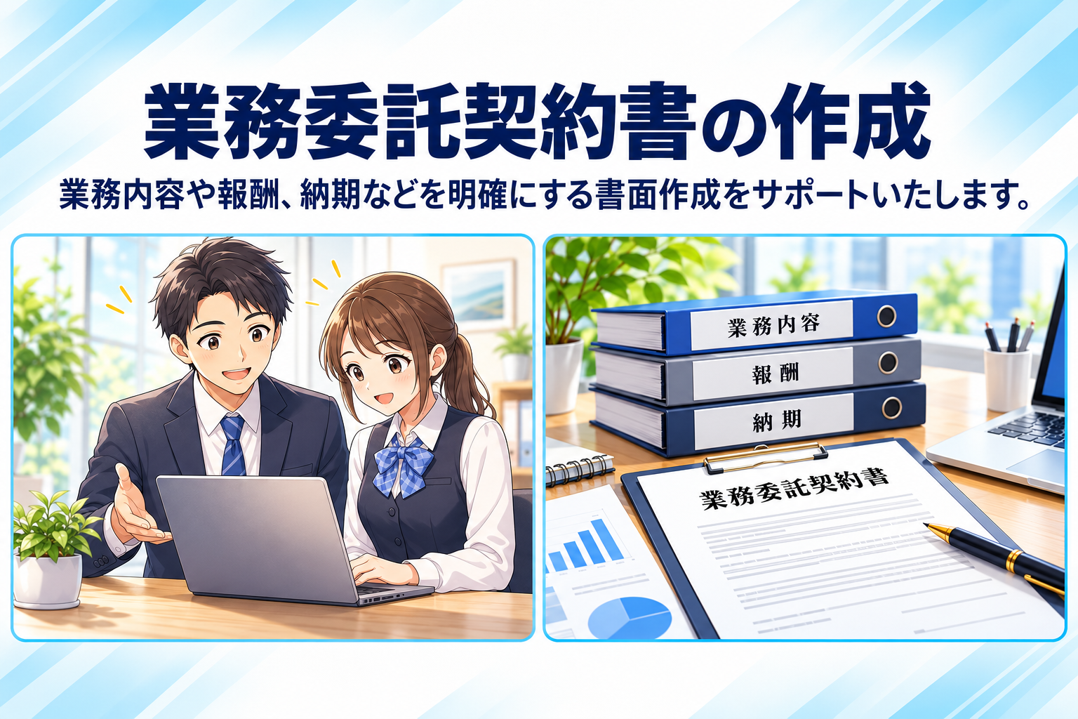 業務委託契約書の作成を行政書士がサポート。委託する業務内容や報酬、納期などの契約条件を書面にまとめます。
