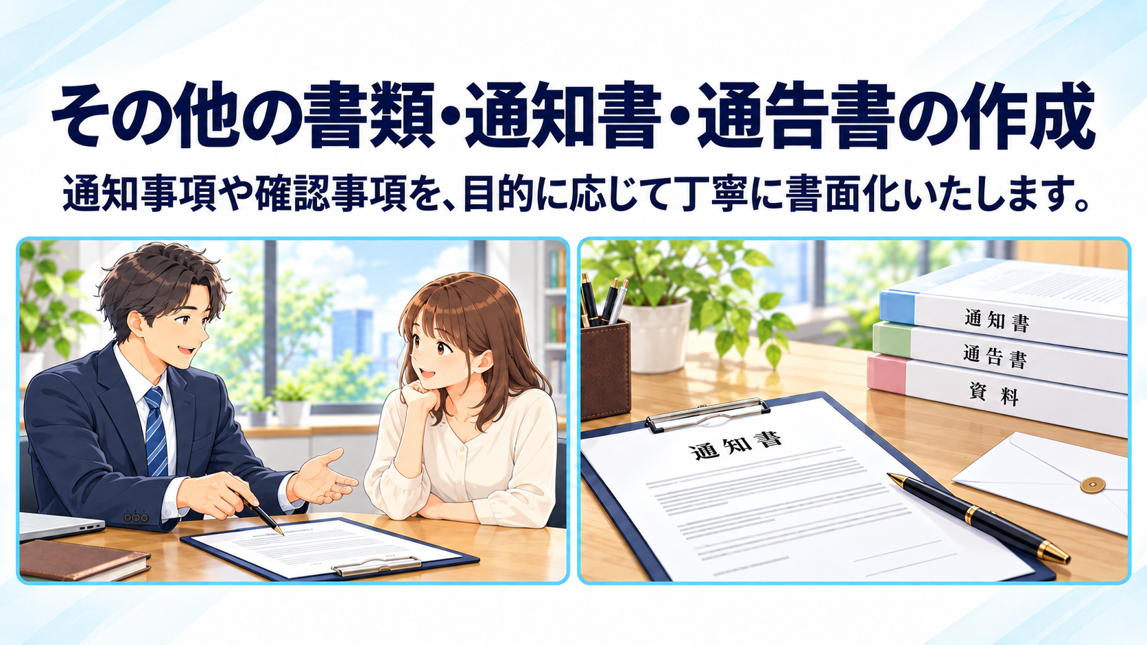 通知書・通告書など各種書類の作成を行政書士がサポート。意思表示や通知事項などを書面にまとめるサービス。