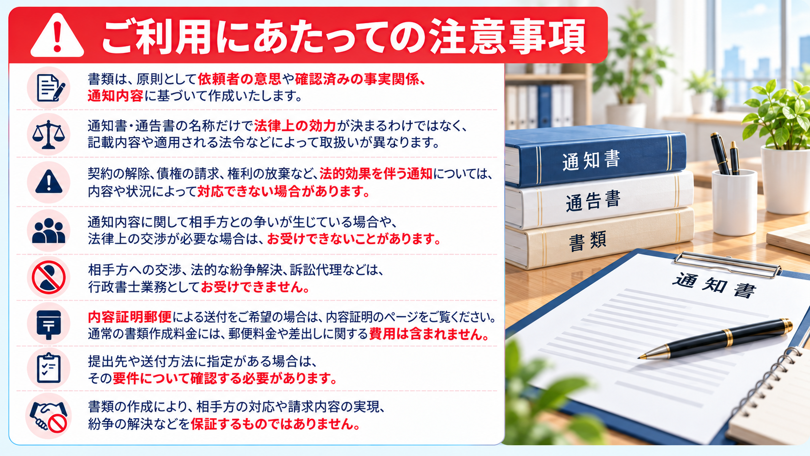 通知書・通告書の作成に関する注意事項。法的効力、紛争案件への対応範囲、内容証明郵便との違い、送付方法など。